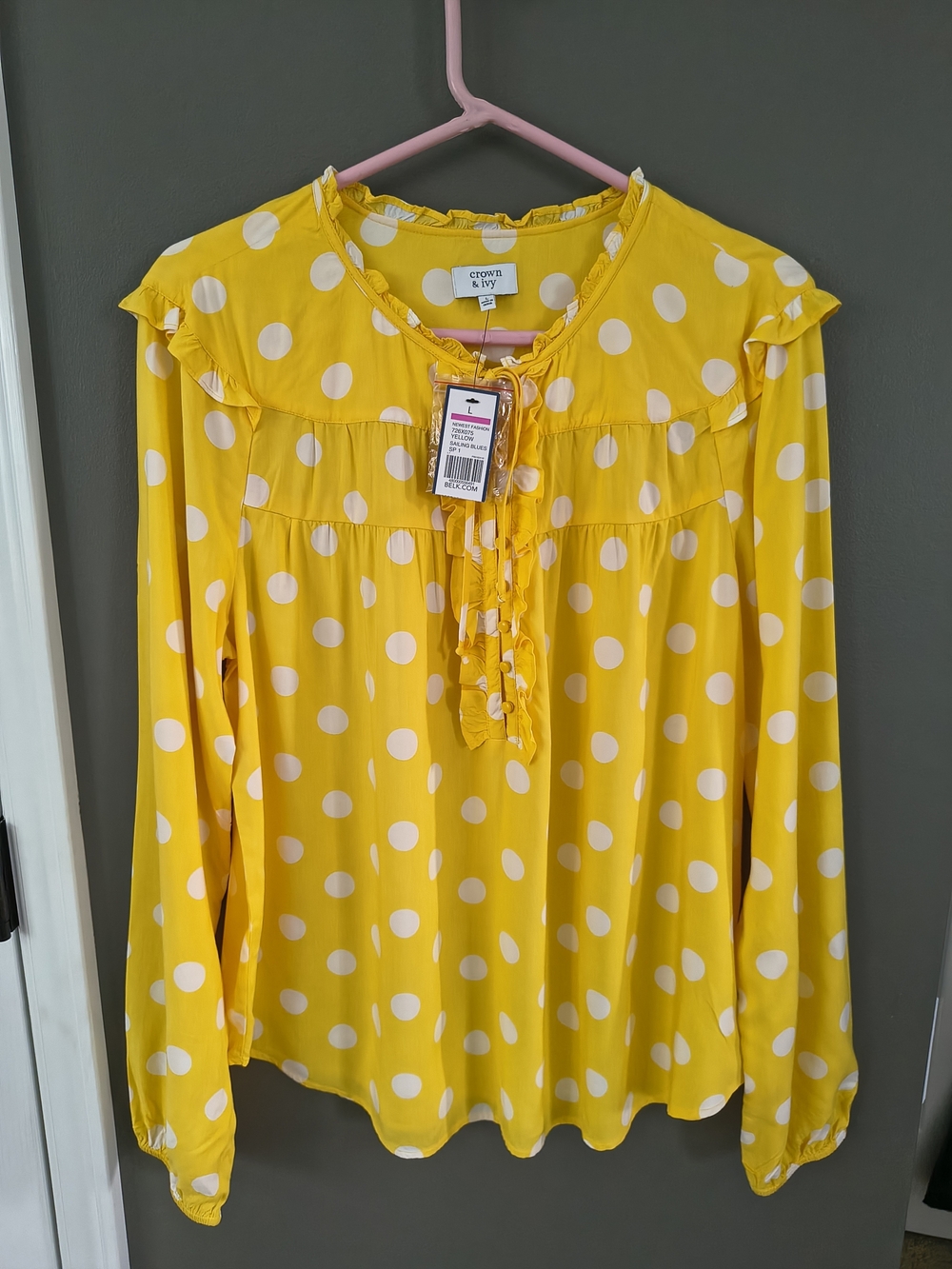 NWT Crown & Ivy Yellow White Polka Dot Ruffle Tie Neck Blouse Top Large